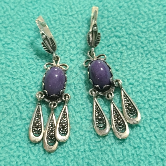 Vintage Jewelry - Vintage Purple Art Deco Style and Silver Ornate Earrings, Heavy, Drop